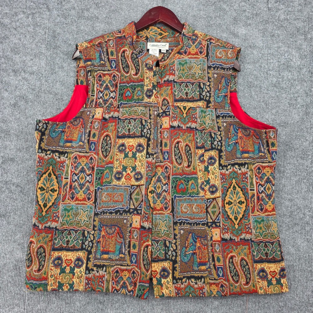Coldwater Creek XXL Tapestry Vest Multi Color Paisley Elephant Zip Mock Neck